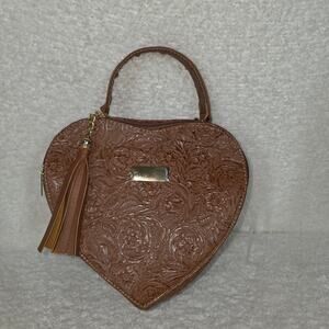 Mexican Brown Floral Embossed Heart Shaped Leather Handbag